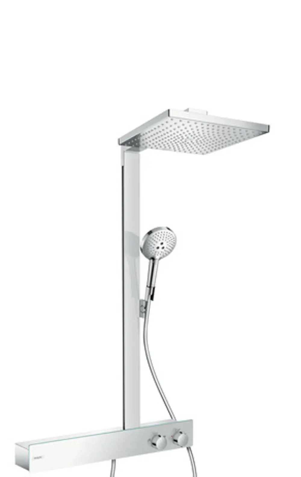 Hansgrohe Duschsystem mit Kopf- und Handbrause, montiert an einer Wand, mit Bedienfeld zur Regelung von Wassertemperatur und -durchfluss.